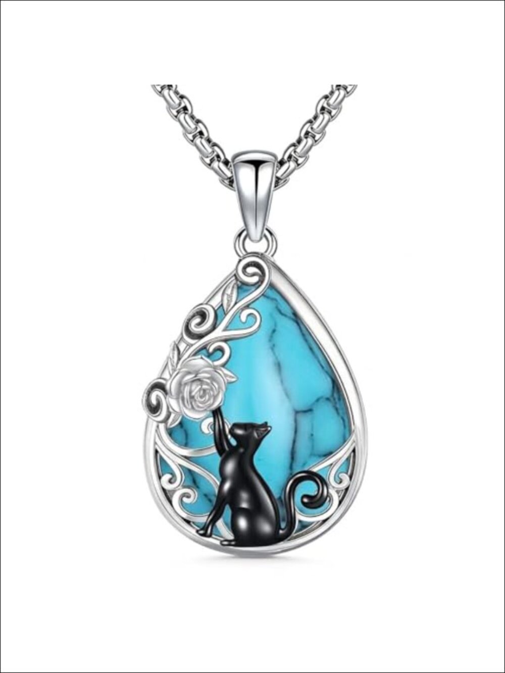 925 Sterling Silver Turquoise Pendant Necklace with Black Cat Charm Filigree